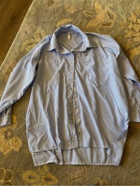 Zenana Outfitters Blue and White Striped Button-Up Shirt